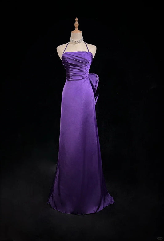 Robe de bal en satin violet à bretelles spaghetti et dos nu, robe de soirée ED01807