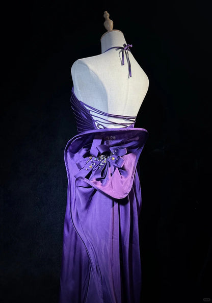 Robe de bal en satin violet à bretelles spaghetti et dos nu, robe de soirée ED01807