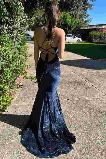 Superbe robe de bal longue en velours, dos nu, style sirène, col en V, sans manches, ED01810