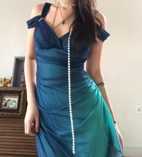 Glitter Blue Sweetheart Neck Bodycon Dress Ruffled Party Dress Spaghetti Strap Evening Dress ED01813