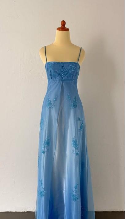 Spaghetti Straps Gradient Blue Beaded Applique Chiffon Satin Sleeveless Zipper Long Empire High Waist Prom Dress