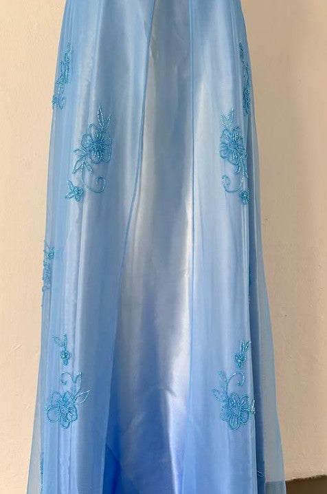 Spaghetti Straps Gradient Blue Beaded Applique Chiffon Satin Sleeveless Zipper Long Empire High Waist Prom Dress