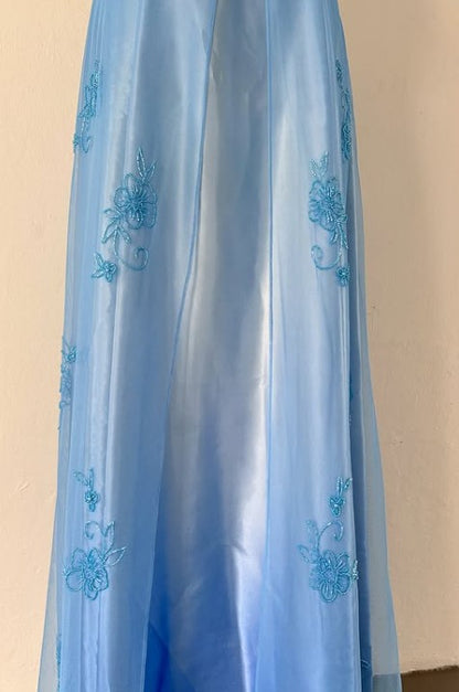Spaghetti Straps Gradient Blue Beaded Applique Chiffon Satin Sleeveless Zipper Long Empire High Waist Prom Dress