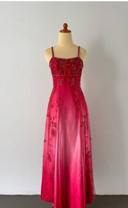 Spaghetti Straps Gradient Red Beaded Applique Chiffon Satin Sleeveless Zipper Long Empire High Waist Prom Dress