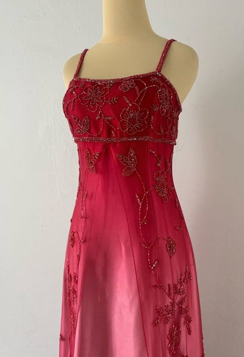 Spaghetti Straps Gradient Red Beaded Applique Chiffon Satin Sleeveless Zipper Long Empire High Waist Prom Dress