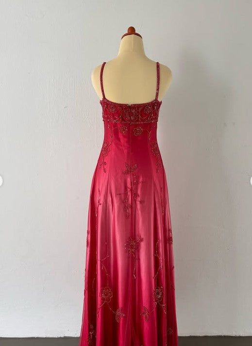 Spaghetti Straps Gradient Red Beaded Applique Chiffon Satin Sleeveless Zipper Long Empire High Waist Prom Dress