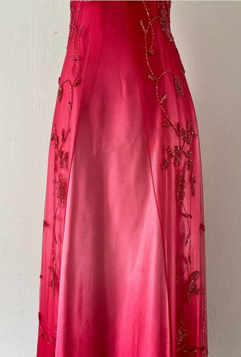 Spaghetti Straps Gradient Red Beaded Applique Chiffon Satin Sleeveless Zipper Long Empire High Waist Prom Dress