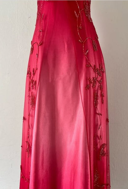 Spaghetti Straps Gradient Red Beaded Applique Chiffon Satin Sleeveless Zipper Long Empire High Waist Prom Dress