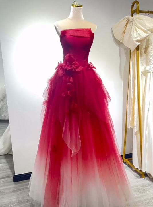 Süßes, trägerloses A-Linien-Brautkleid mit Farbverlauf aus Tüll, langes Abendballkleid ED01819