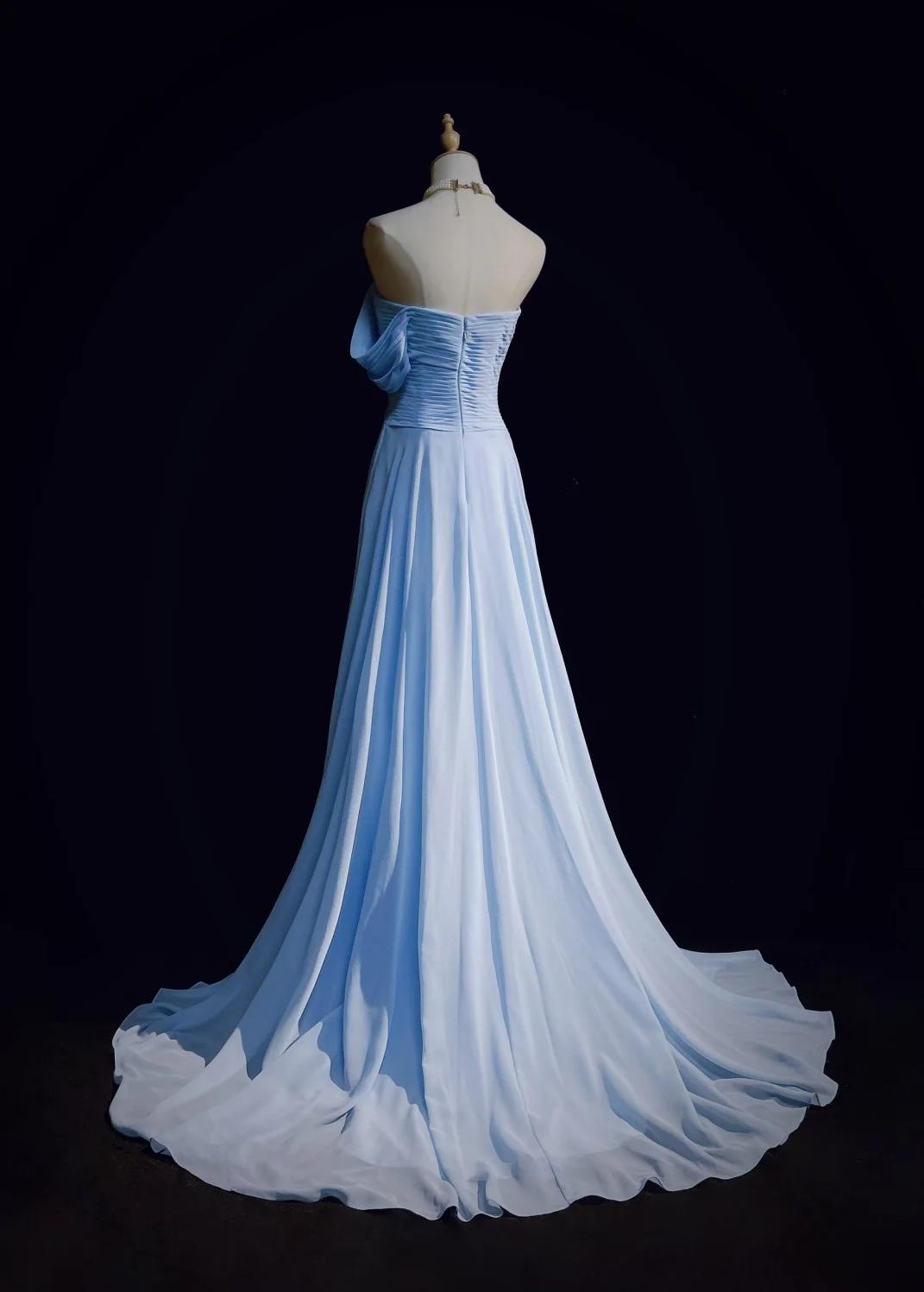 Wunderschönes blaues A-Linien-Chiffon-Plissee-One-Shoulder-Slit-Langabendkleid für Hochzeitsgäste ED01820