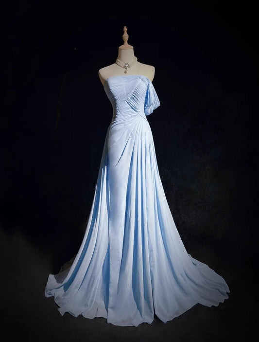 Wunderschönes blaues A-Linien-Chiffon-Plissee-One-Shoulder-Schlitz-langes Abendkleid-Ballkleid-Brautkleid ED01820