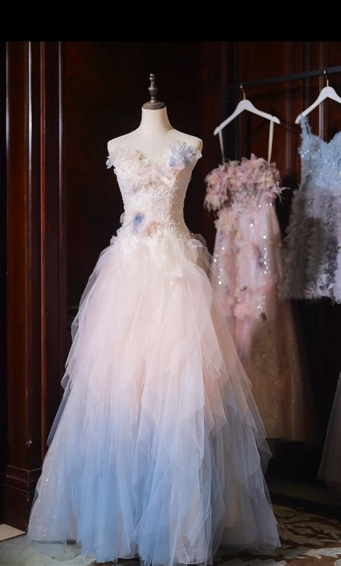 Farbverlauf Trägerloses Tüll A-Linie Langes Geburtstagsballkleid Wunderschönes Hochzeitskleid ED01822