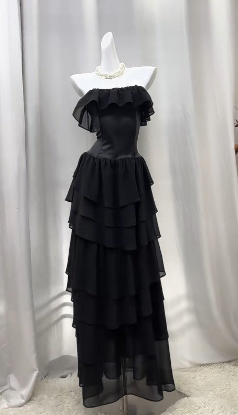 Robe de bal longue noire élégante, coupe trapèze, sans bretelles, en mousseline superposée, robe de remise de diplôme, ED01823