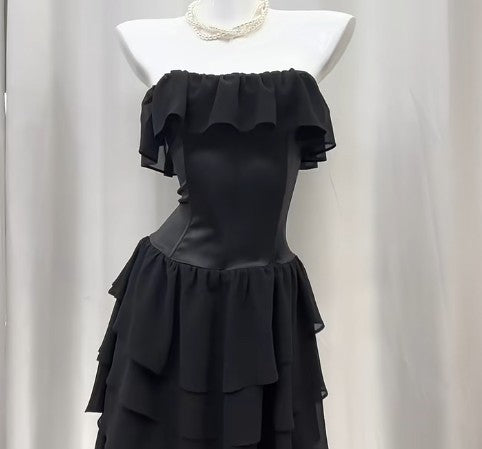 Robe de bal longue noire élégante, coupe trapèze, sans bretelles, en mousseline superposée, robe de remise de diplôme, ED01823