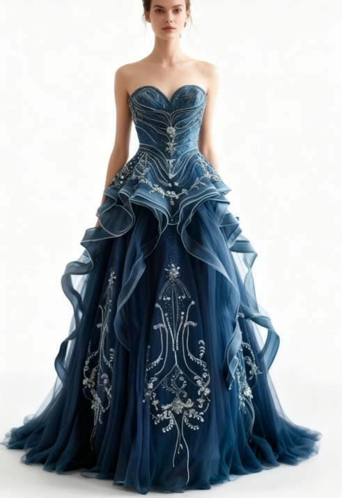 A-Line  Sweetheart Neck Tulle Long Prom Dress Vintage Strapless Beaded Evening Gown ED01827