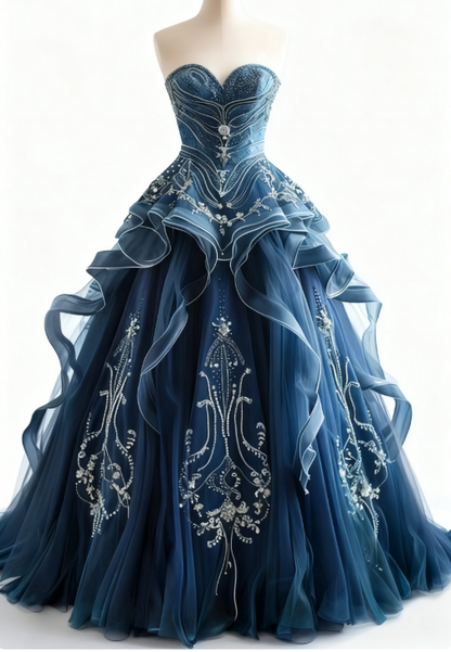 A-Line  Sweetheart Neck Tulle Long Prom Dress Vintage Strapless Beaded Evening Gown ED01827