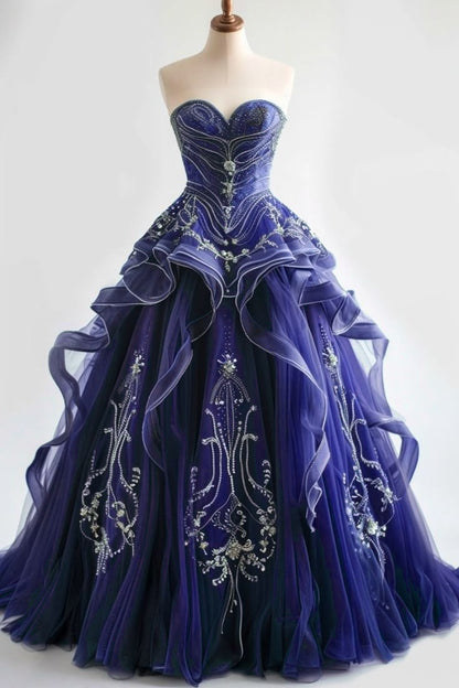 A-Line  Sweetheart Neck Tulle Long Prom Dress Vintage Strapless Beaded Evening Gown ED01827