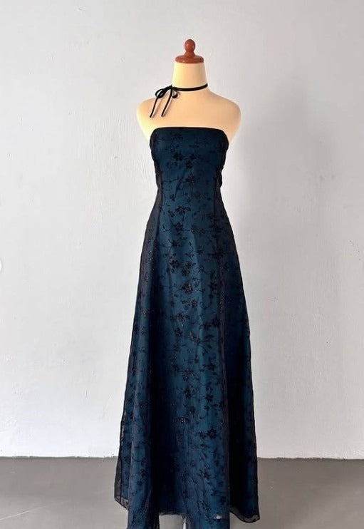 Vintage trägerloses blaues Satin-ärmelloses schwarzes Tüll-Perlen-Ballkleid Geburtstags-Abendkleid ED01828