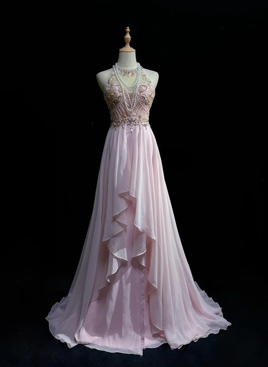 Wunderschönes rosa A-Linien-Tüll-Hochhals-Chiffon-Langperlen-Rückenfreies Ballkleid Retro-Hochzeits-Geburtstagskleid ED01829