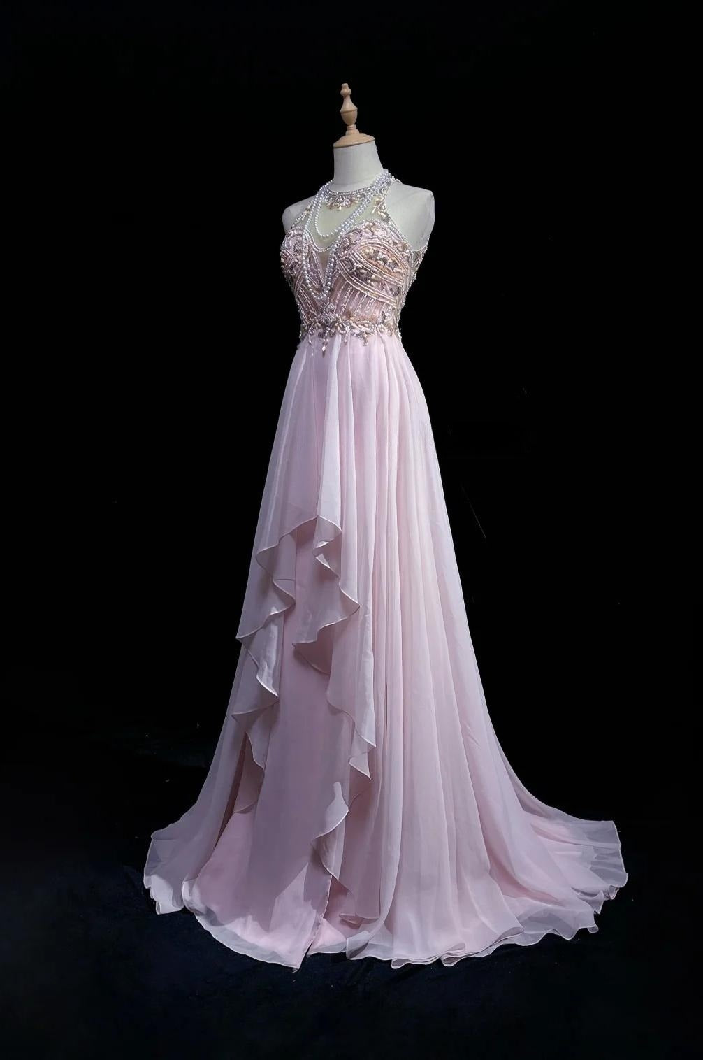 Wunderschönes rosa A-Linien-Tüll-Hochhals-Chiffon-Langperlen-Rückenfreies Ballkleid Retro-Hochzeits-Geburtstagskleid ED01829