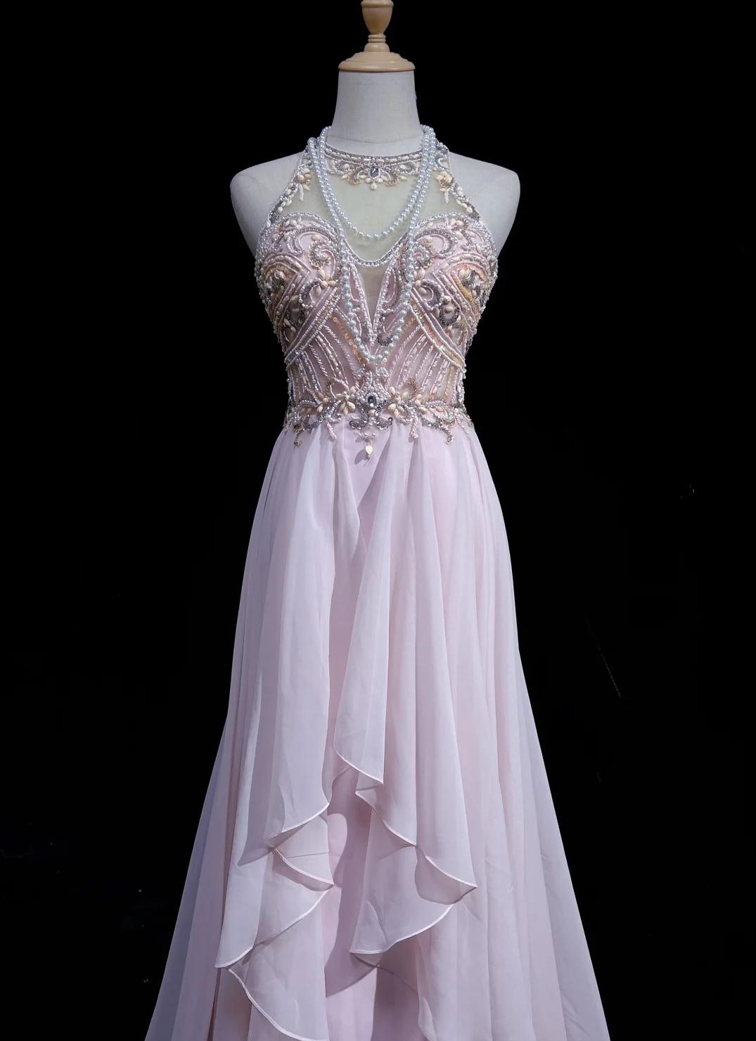 Wunderschönes rosa A-Linien-Tüll-Hochhals-Chiffon-Langperlen-Rückenfreies Ballkleid Retro-Hochzeits-Geburtstagskleid ED01829