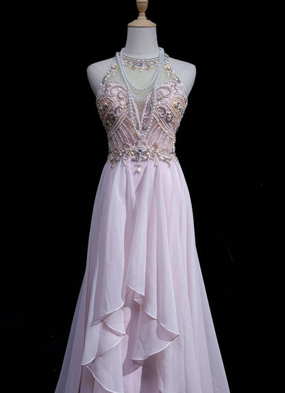 Wunderschönes rosa A-Linien-Tüll-Hochhals-Chiffon-Langperlen-Rückenfreies Ballkleid Retro-Hochzeits-Geburtstagskleid ED01829