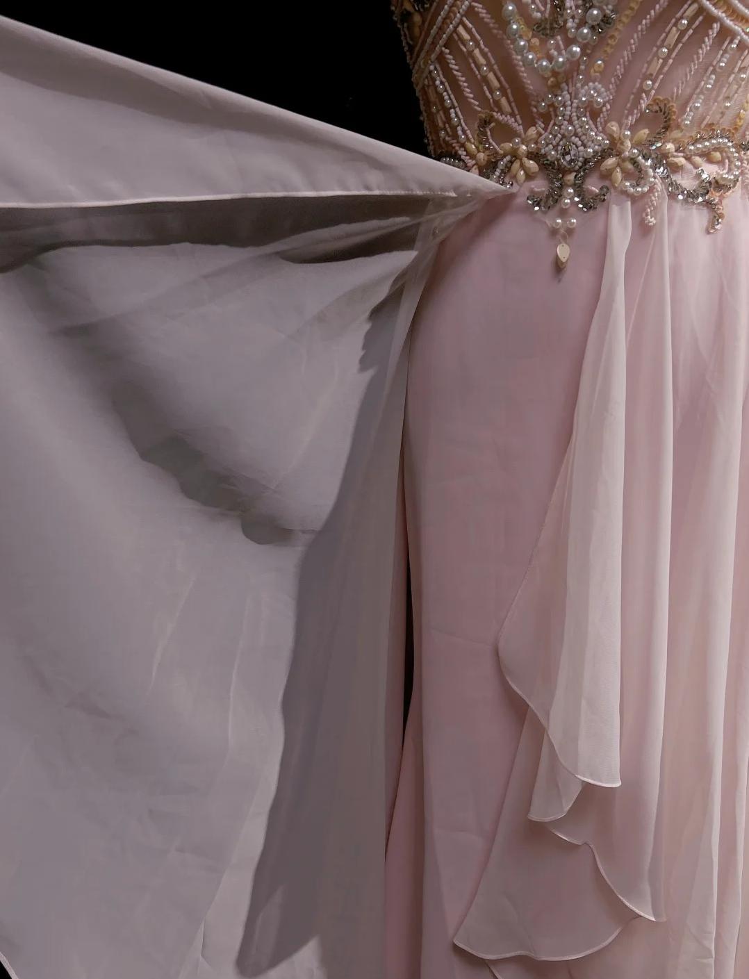 Wunderschönes rosa A-Linien-Tüll-Hochhals-Chiffon-Langperlen-Rückenfreies Ballkleid Retro-Hochzeits-Geburtstagskleid ED01829