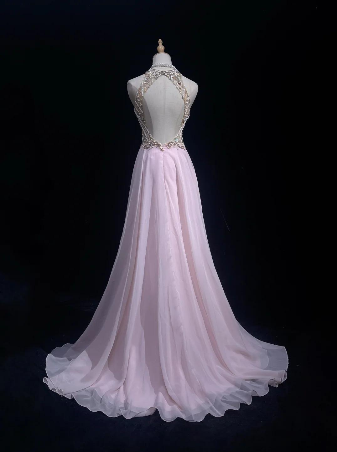 Wunderschönes rosa A-Linien-Tüll-Hochhals-Chiffon-Langperlen-Rückenfreies Ballkleid Retro-Hochzeits-Geburtstagskleid ED01829
