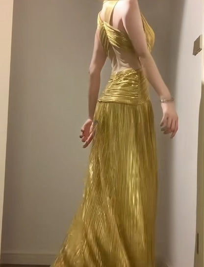 Robe de bal longue dorée à col en V, tenue de fête d'anniversaire, ED01830
