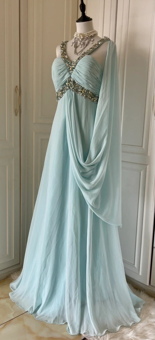 Sanftes Tiffany Blau Chiffon V-Ausschnitt Perlen Pailletten A-Linie Langes Ballkleid Hochzeitsabendkleid ED01831