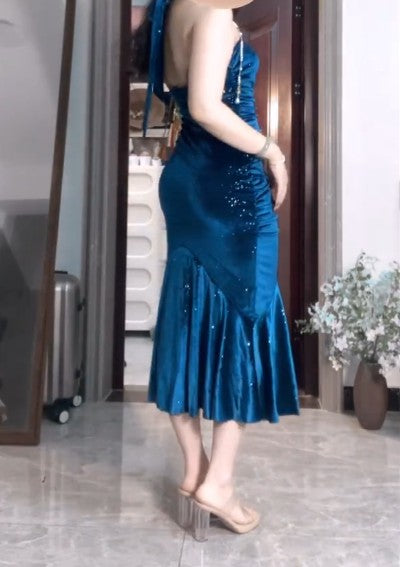 Robe de bal élégante en satin bleu plissé style sirène, dos nu, robe d'anniversaire ED01833