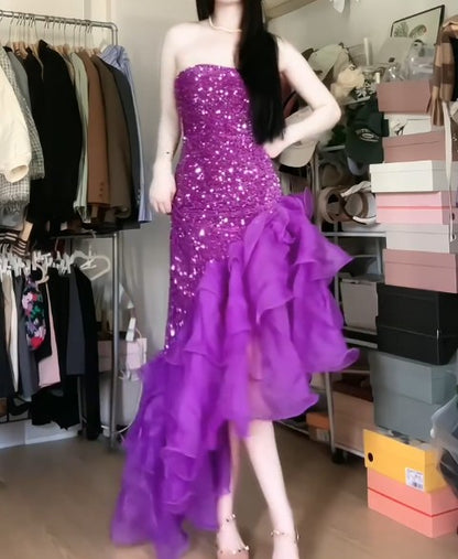 Robe de soirée sirène violette en tulle sans bretelles à paillettes ED01835