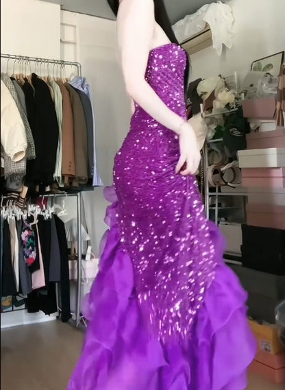 Robe de soirée sirène violette en tulle sans bretelles à paillettes ED01835
