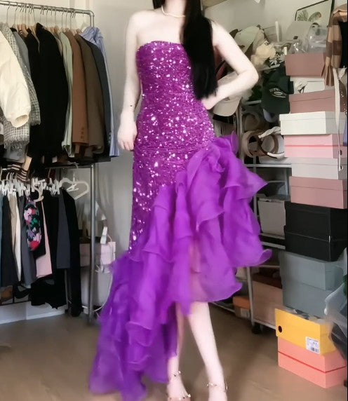 Robe de soirée sirène violette en tulle sans bretelles à paillettes ED01835