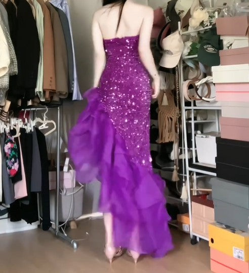 Robe de soirée sirène violette en tulle sans bretelles à paillettes ED01835