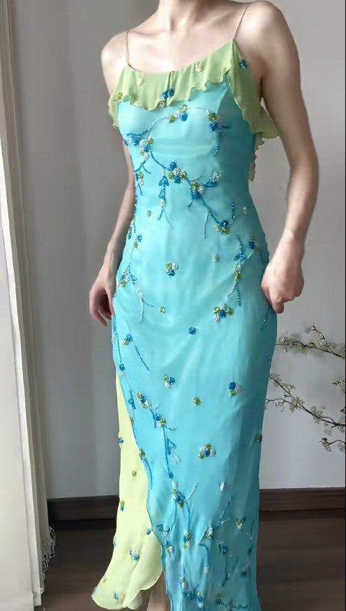 Robe fourreau vintage en mousseline de soie à bretelles spaghetti, à volants, avec perles bleues et vertes, robe de bal, robe de fête et d'anniversaire ED01838