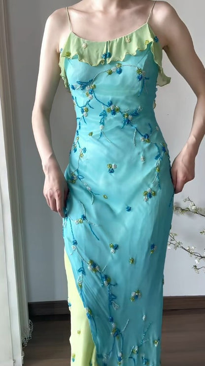 Robe fourreau vintage en mousseline de soie à bretelles spaghetti, à volants, avec perles bleues et vertes, robe de bal, robe de fête et d'anniversaire ED01838