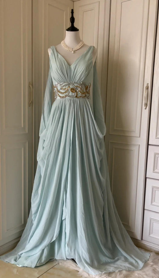Robe de soirée longue en mousseline de soie, style Tiffany bleu vintage, col en V, coupe trapèze, avec perles, robe de mariée ED01839