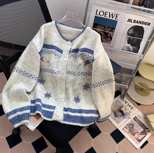 Vintage Jacquard Crew neck Cardigan ED0183
