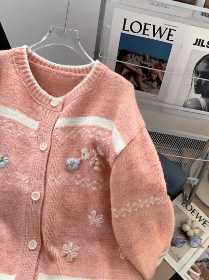 Vintage Jacquard Crew neck Cardigan ED0183