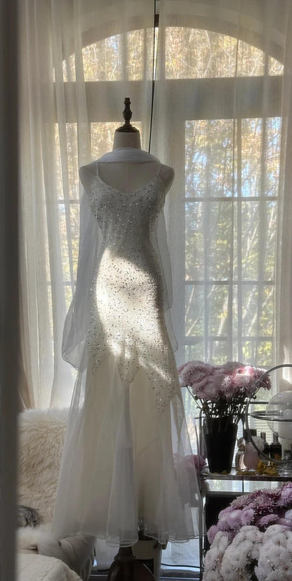 Fee Weiß Spaghetti Strap Meerjungfrau Tüll Pailletten Ballkleid Geburtstagskleid ED01840