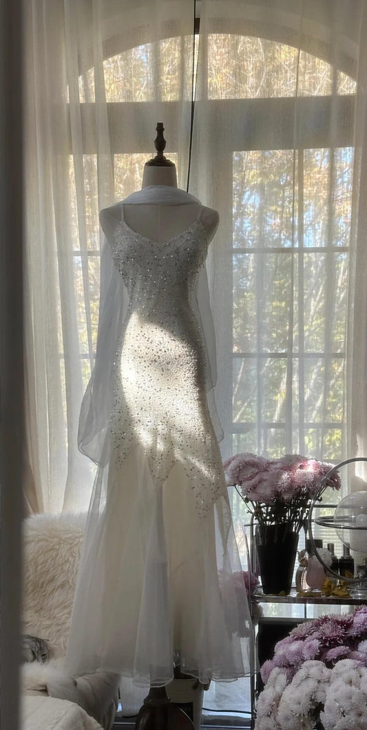 Robe de bal sirène blanche à bretelles spaghetti en tulle et paillettes, robe d'anniversaire ED01840