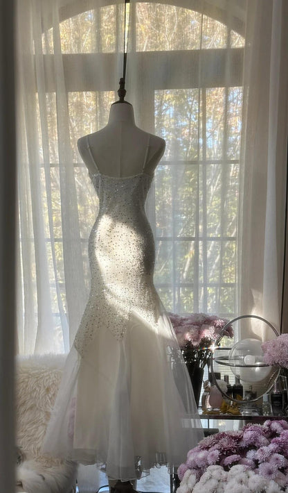 Fee Weiß Spaghetti Strap Meerjungfrau Tüll Pailletten Ballkleid Geburtstagskleid ED01840