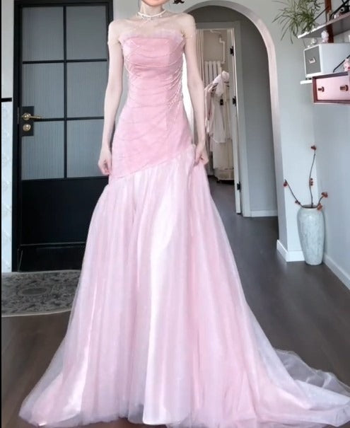 Belle robe de soirée longue rose bustier en tulle pailleté, coupe trapèze, pour anniversaire, ED01841