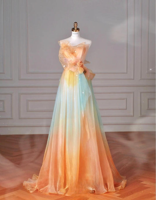 Magnifique robe de bal longue en tulle multicolore sans bretelles, coupe trapèze, robe de mariée, robe d'anniversaire, ED01842