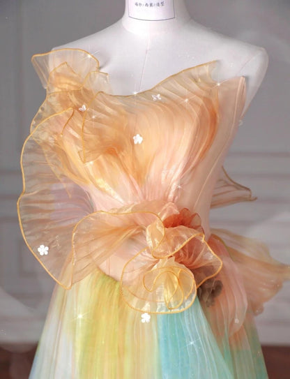 Schönes mehrfarbiges trägerloses A-Linien-Tüll-Langballkleid, Hochzeitskleid, Geburtstagskleid ED01842