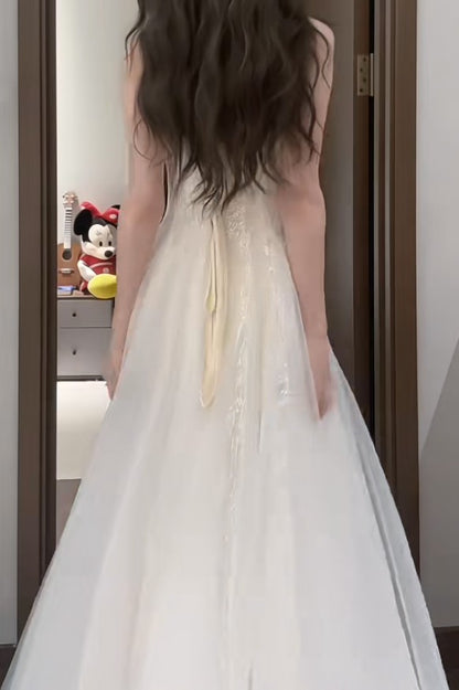 Robe de bal longue blanche à bretelles spaghetti, coupe trapèze, en tulle et paillettes, simple, pour anniversaire, remise de diplôme, ED01843