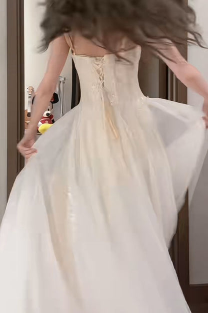 Robe de bal longue blanche à bretelles spaghetti, coupe trapèze, en tulle et paillettes, simple, pour anniversaire, remise de diplôme, ED01843