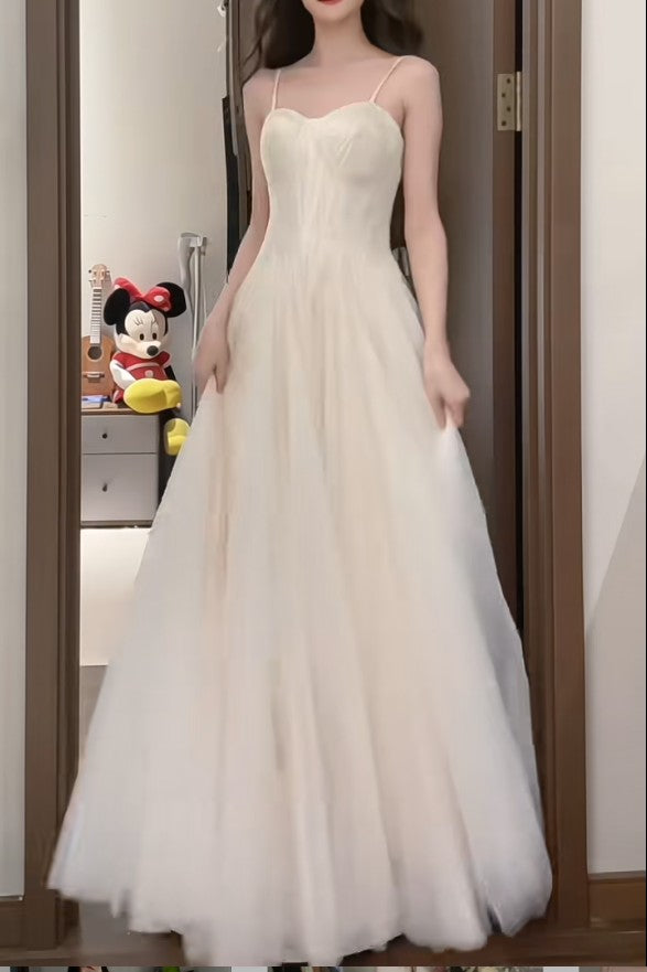 Robe de bal longue blanche à bretelles spaghetti, coupe trapèze, en tulle et paillettes, simple, pour anniversaire, remise de diplôme, ED01843