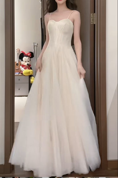 Robe de bal longue blanche à bretelles spaghetti, coupe trapèze, en tulle et paillettes, simple, pour anniversaire, remise de diplôme, ED01843